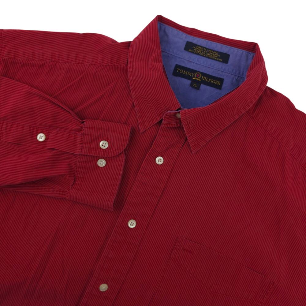 Vtg Tommy Hilfiger Shirt Mens L Red Stripe Cotton Button Down Preppy 90s Classic